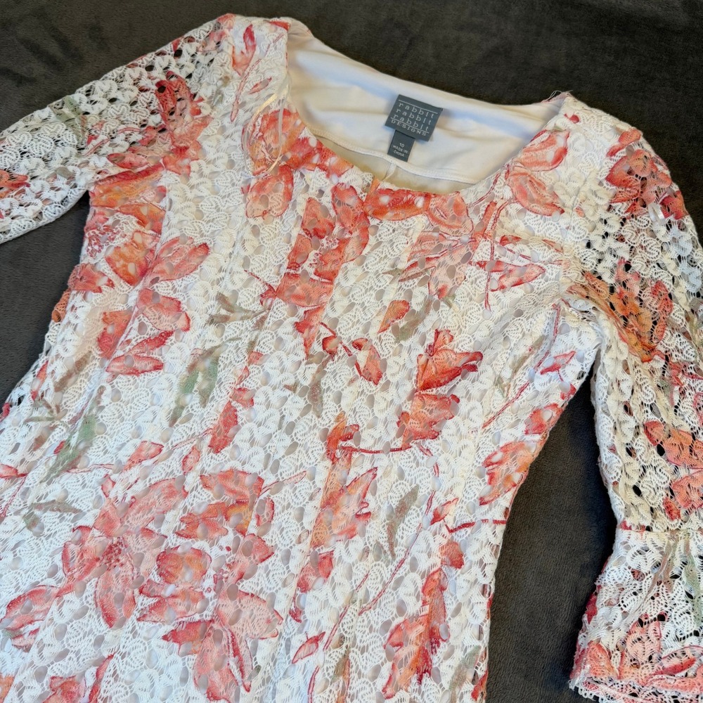 Rabbit Rabbit Designs Floral Lace Dress Womens 10 Orange White Bell Sleeve